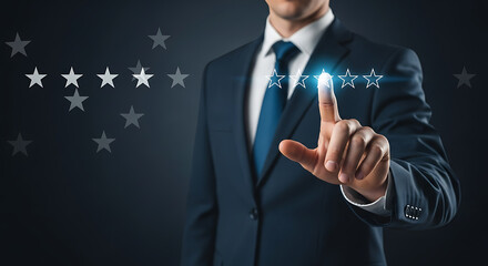 Man in suit touching glowing five star rating interface on a dark background image