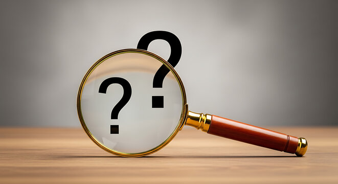 Magnifying glass focusing on two question marks on a wooden surface with gray background