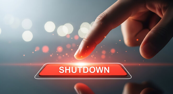 A finger presses a red shutdown button with glowing lights and a blurred background effect