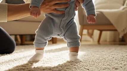 Close up of a babys first steps on a carpet, with an adults hands supporting them.