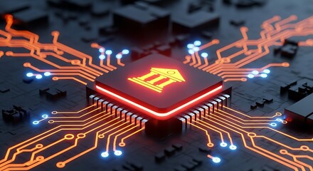 Centralized digital finance technology represented by a glowing bank symbol on a microprocessor