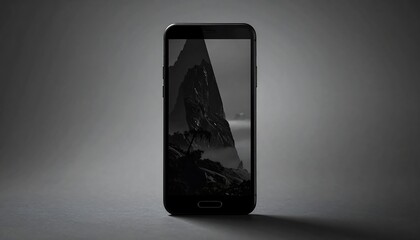 Black smartphone displays grayscale coastal mountain scene against a gradient gray background, casting soft shadow