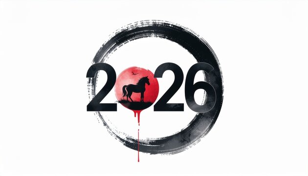 Striking 2026 Horse Year Graphic with Red Moon and Brushstroke Circle for Chinese New Year Celebrations and Designs