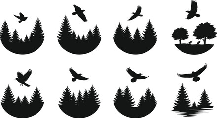 Nature icon set, forest and bird silhouettes in circular and landscape scenes, wildlife, outdoor, black illustration, vector design, grid
