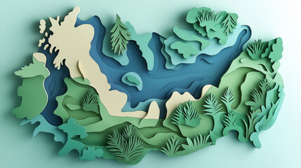 Stunning papercut map art showcasing nature's beauty with layered depth and serene environmental design
