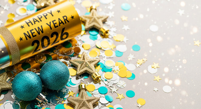 Close-up of golden popper with inscription, teal bauble, golden stars, confetti, representing celebration, festive mood, and New Year anticipation