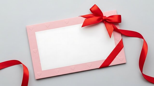 Chic blank pink frame gift card with a festive red ribbon and bow, ideal for personalized messages, invitations, and special occasion announcements