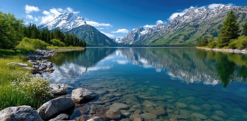 a serene mountain landscape with flowing rivers and lush greenery, capturing the tranquility of nature.