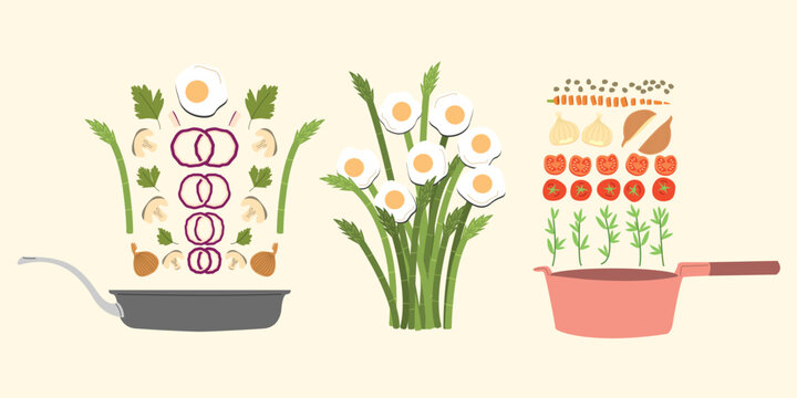 Healthy Chopped Food Ingredients in a Sauce Pan. Tomato, Sunny Side Up Omelette, Parlsey, Asparagus, Capers, Onion, Garlic and Mushroom. Kitchen Flat Lay Vegetable Design Elements.