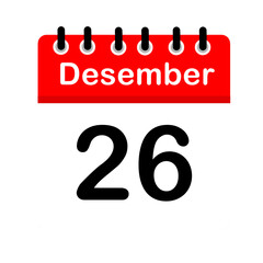 December 26 calendar icon flat design illustration. Calendar template, red and white, sticker, poster, banner, emoticon.