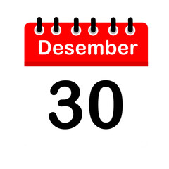 December 30 calendar icon flat design illustration. Calendar template, red and white, sticker, poster, banner, emoticon.