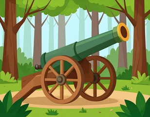 Cartoonish green cannon on a mound in a forest scene with tall, stylized trees and a light blue sky