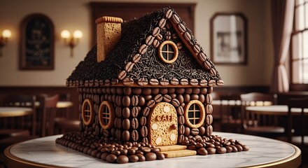 Intricate Gingerbread House Made from Coffee Beans on a Table.