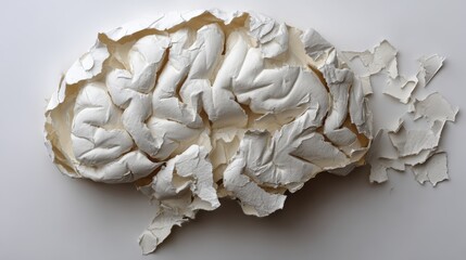 Sculpted paper form representing the human cerebrum begins to disintegrate on one side