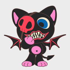 Toothy anime demon. Funny chibi Halloween character. Cartoon character design.