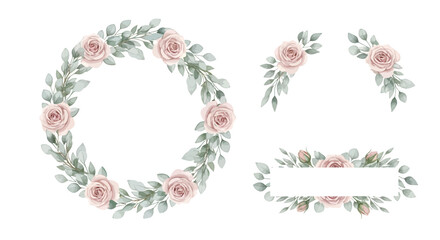 Watercolor floral set with wreath, corner and rectangle frame with roses and leaves.