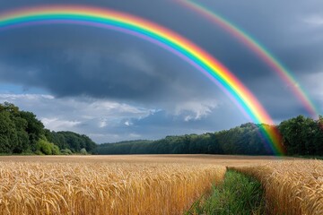 a rainbow arching over an open field of golden wheat, symbolizing the endless possibilities and good fortune that can be seen in every season