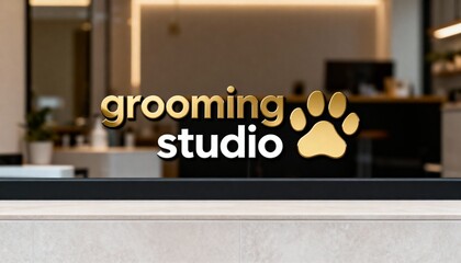 Grooming studio logo in bold, elegant 3D font with a large paw icon on a blurred grooming salon interior background, perfect for pet grooming branding, veterinary businesses, pet care marketing.