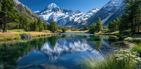 a picturesque mountain landscape with snow-capped peaks, lush green valleys, and crystal-clear lakes reflecting the clear blue sky