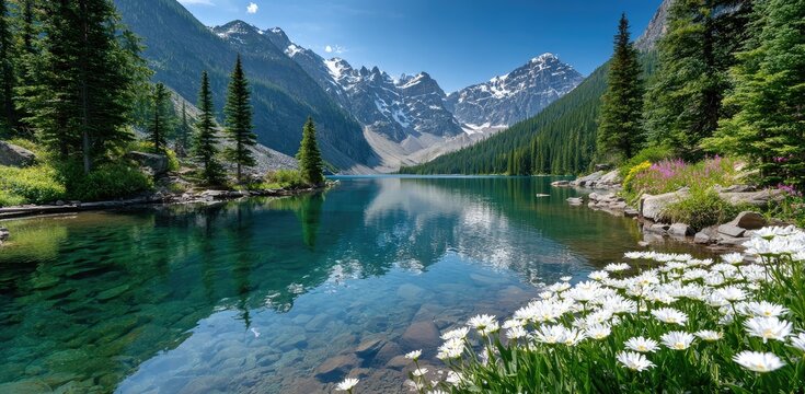 a picturesque mountain landscape with snow-capped peaks, lush green valleys, and crystal-clear lakes reflecting the clear blue sky