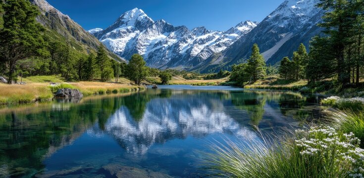 a picturesque mountain landscape with snow-capped peaks, lush green valleys, and crystal-clear lakes reflecting the clear blue sky