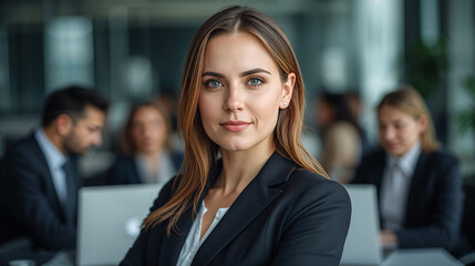 Confident businesswoman in a modern office setting, looking at the camera