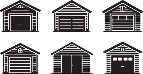 Six black silhouette garage and shed icons with different door styles and siding textures