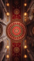 Obraz premium Ornate Ceilings Circular Design, Red and Gold Details, Architectural Symmetry, Warm Lighting.