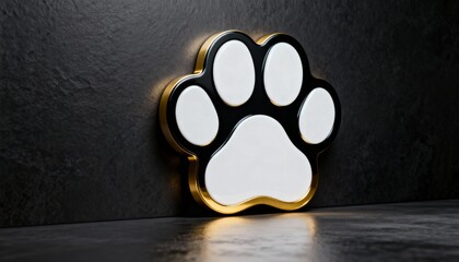 3D render of a glossy black and white paw print with a gold border is displayed against a dark, textured background. Perfect for pet branding, veterinary clinics, pet grooming studios, etc.