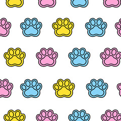 Vector cartoon seamless pattern of colorful paw prints in pink, yellow, and blue with bold black outlines on a clean white background, perfect for pet-themed designs, textiles, wrapping paper, etc.