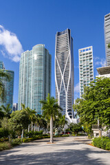 Miami skyline with skyscrapers real estate at Maurice A. Ferr&eacute; Park in Miami, United States