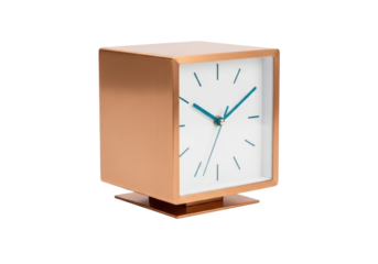 Isolated vintage copper cube clock featuring a white face with green hands and hour markers