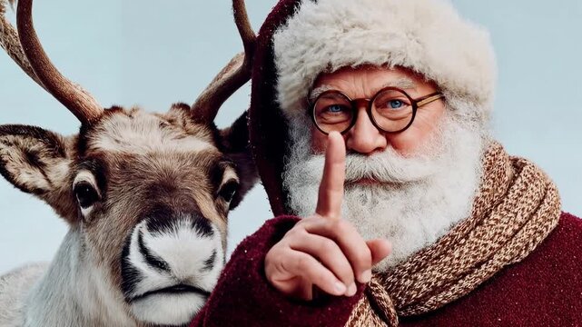 A cheerful Santa figure standing beside a friendly reindeer in a snowy setting expressing warmth celebration winter spirit and the timeless holiday magic that brings joy to seasonal traditio