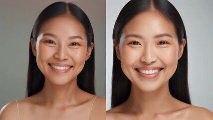 Aging Gracefully: Side-by-side comparison of a woman's face highlighting the transformation from aged skin to rejuvenated and youthful glow. Highlighting skincare and anti-aging benefits 