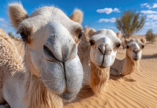 camels resting in the desert, sandy landscape - Powered by Adobe