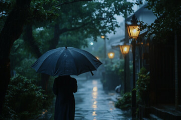 Generative AI image of solitary person walking alone in rain urban city park street