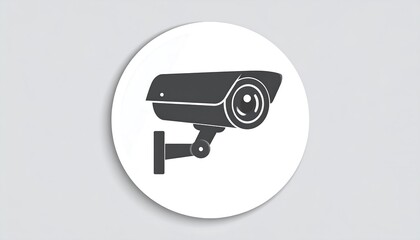 Black surveillance camera on a white circle backdrop, gray background