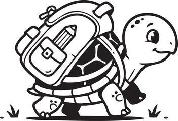 Cute cartoon turtle with school backpack and pencil, black and white coloring page