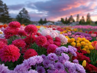 the sun sets in the sky, and there is an endless sea of colorful chrysanthemums on both sides of it.