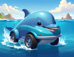 Cartoonish, light blue dolphin car in water with sunny tropical island background, clear sky with puffy clouds