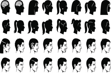 Set of Human Head Profiles and Silhouettes, Including Male and Female Faces with Various Hairstyles and an Exposed Brain, Vector Graphic for Mental Health and Identity Concepts.