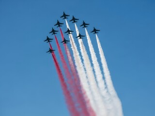 Airshow display of fighter jets flying in formation leaving red and white smoke trails against a clear blue sky, creating a patriotic spectacle