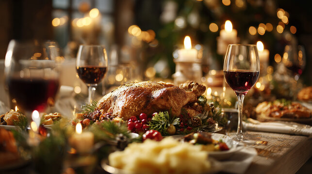 Festive Christmas dinner setting with roasted turkey, glasses of red wine, and candles, perfect for holiday celebrations.