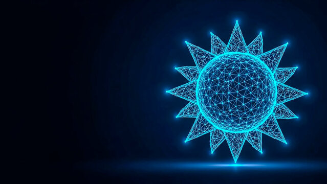An intricate abstract representation of the sun, constructed from illuminated blue lines and dots, symbolizing advanced technology, data, and global connectivity concepts.