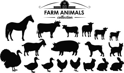 Extensive black silhouette vector collection of diverse farm animals, including livestock, poultry, and pets like cows, horses, pigs, chickens, and goats, perfect for agriculture and rural design.