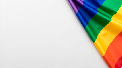 LGBT  Flat lay top view of symbolic parade items, including rainbow  on white surface with a blank space for text