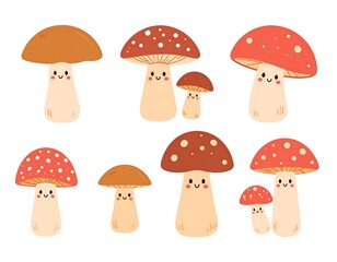 Cartoonish mushrooms in various colors and shapes with smiling faces against a white background