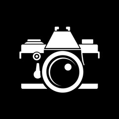 A stylized black and white camera pictogram in an advertorial style