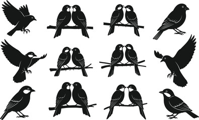 Collection of vector black bird silhouettes featuring flying sparrows and romantic pairs sitting together on tree branches isolated on white.