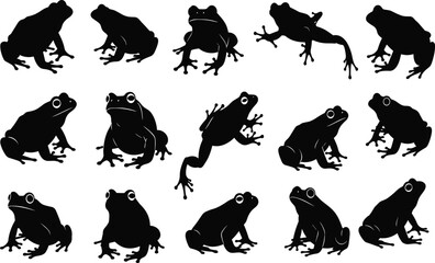 Collection of black vector frog and toad silhouettes featuring amphibians in jumping and sitting poses isolated on white background.